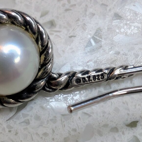 David Yurman Pearl and Pave Diamond Sterling Silver Cable Drop Earrings - RARE - Picture 6 of 7
